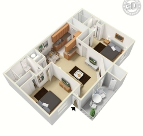 Floor plan for 2 beds, 2 baths, 900 sqft
